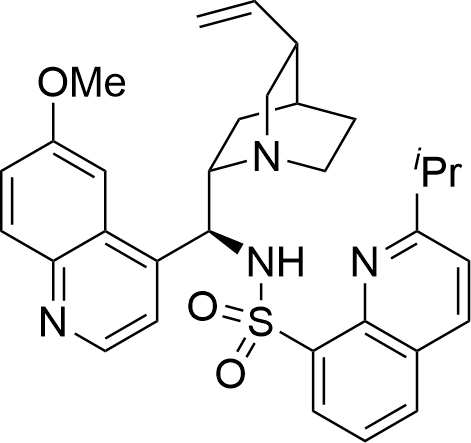 2-Isopropyl-N-((S)-(6-methoxyquinolin-4-yl)((1S,2S,4S,5R)-5-vinylquinuclidin-2-yl)methyl)quinoline-8-sulfonamide structure diagram