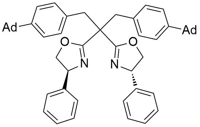 (4S,4'S)-2,2'-(1,3-Bis(4-(adamantan-1-yl)phenyl)propane-2,2-diyl)bis(4-phenyl-4,5-dihydrooxazole) structure diagram