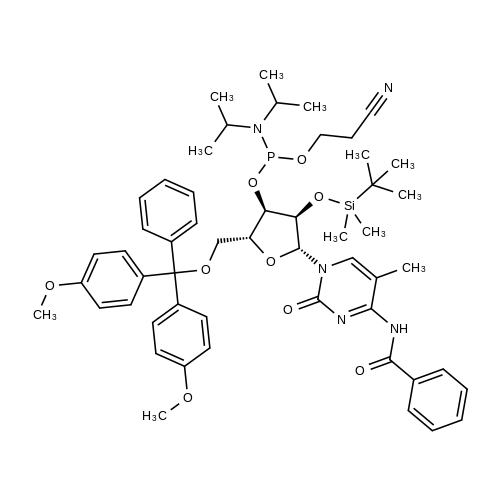 (2R,3R,4R,5R)-5-(4-Benzamido-5-methyl-2-oxopyrimidin-1(2H)-yl)-2-((bis(4-methoxyphenyl)(phenyl)methoxy)methyl)-4-((tert-butyldimethylsilyl)oxy)tetrahydrofuran-3-yl (2-cyanoethyl) diisopropylphosphoramidite structure diagram