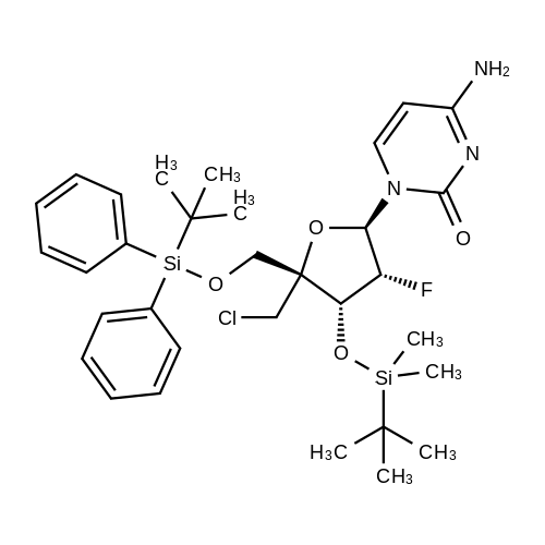 4-Amino-1-((2R,3R,4R,5R)-4-((tert-butyldimethylsilyl)oxy)-5-(((tert-butyldiphenylsilyl)oxy)methyl)-5-(chloromethyl)-3-fluorotetrahydrofuran-2-yl)pyrimidin-2(1H)-one structure diagram