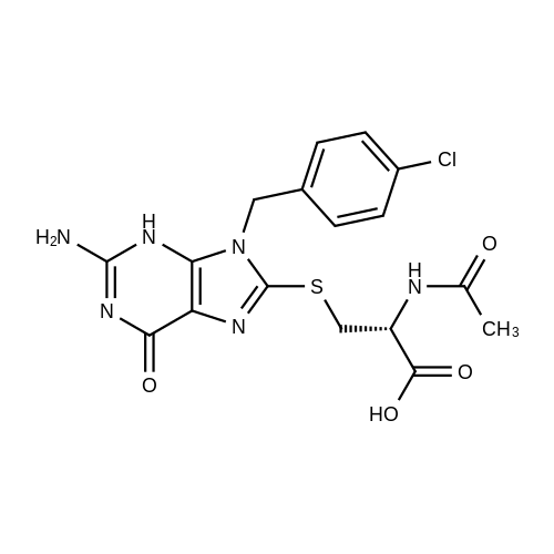 (R)-2-Acetamido-3-((2-amino-9-(4-chlorobenzyl)-6-oxo-6,9-dihydro-3H-purin-8-yl)thio)propanoic acid structure diagram
