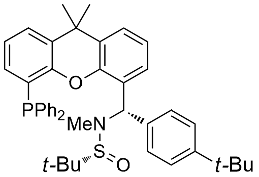 (R)-N-((S)-(4-(tert-Butyl)phenyl)(5-(diphenylphosphanyl)-9,9-dimethyl-9H-xanthen-4-yl)methyl)-N,2-dimethylpropane-2-sulfinamide structure diagram