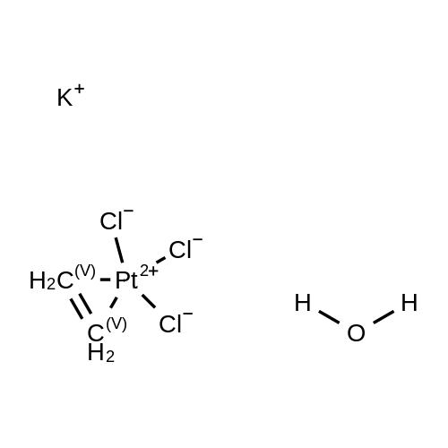 Potassium trichloro(ethylene)platinate(II) hydrate structure diagram