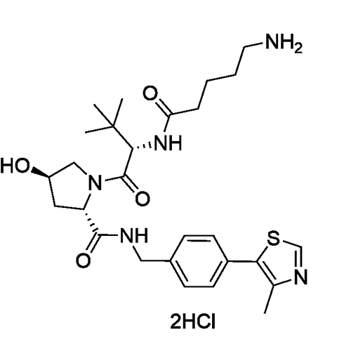 (2S,4R)-1-((S)-2-(5-Aminopentanamido)-3,3-dimethylbutanoyl)-4-hydroxy-N-(4-(4-methylthiazol-5-yl)benzyl)pyrrolidine-2-carboxamide dihydrochloride structure diagram