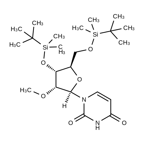 1-((2R,3R,4R,5R)-4-((tert-Butyldimethylsilyl)oxy)-5-(((tert-butyldimethylsilyl)oxy)methyl)-3-methoxytetrahydrofuran-2-yl)pyrimidine-2,4(1H,3H)-dione structure diagram