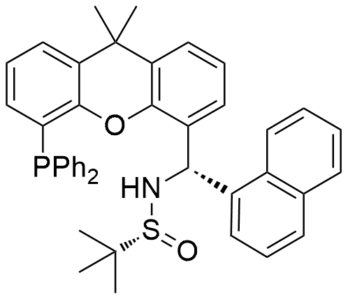 (R)-N-((S)-(5-(Diphenylphosphanyl)-9,9-dimethyl-9H-xanthen-4-yl)(naphthalen-1-yl)methyl)-2-methylpropane-2-sulfinamide structure diagram