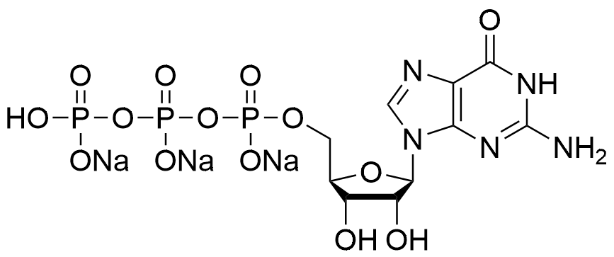 (((2R,3S,4R,5R)-5-(2-Amino-6-oxo-1H-purin-9(6H)-yl)-3,4-dihydroxytetrahydrofuran-2-yl)methyl)triphosphoric acid, trisodium salt structure diagram