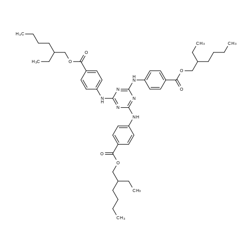 Tris(2-ethylhexyl) 4,4',4''-((1,3,5-triazine-2,4,6-triyl)tris(azanediyl))tribenzoate structure diagram