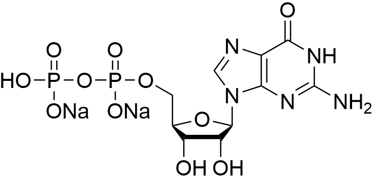 ((2R,3S,4R,5R)-5-(2-Amino-6-oxo-3,6-dihydro-9H-purin-9-yl)-3,4-dihydroxytetrahydrofuran-2-yl)methyl trihydrogen diphosphate, disodium salt structure diagram