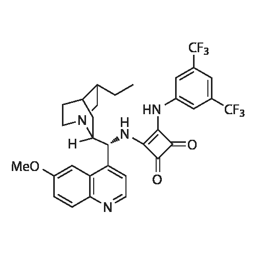 3-((3,5-Bis(trifluoromethyl)phenyl)amino)-4-(((1R)-(5-ethylquinuclidin-2-yl)(6-methoxyquinolin-4-yl)methyl)amino)cyclobut-3-ene-1,2-dione structure diagram