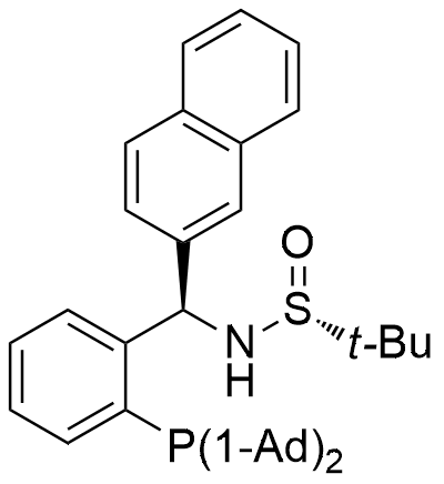 (R)-N-((R)-(2-(Di(adamantan-1-yl)phosphanyl)phenyl)(naphthalen-2-yl)methyl)-2-methylpropane-2-sulfinamide structure diagram