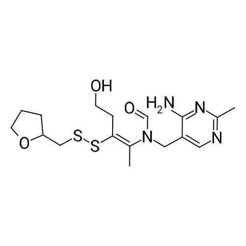 N-((4-Amino-2-methylpyrimidin-5-yl)methyl)-N-(5-hydroxy-3-(((tetrahydrofuran-2-yl)methyl)disulfanyl)pent-2-en-2-yl)formamide structure diagram