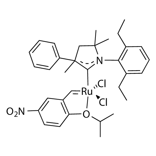(1-(2,6-Diethylphenyl)-3,5,5-trimethyl-3-phenylpyrrolidin-2-ylidene)(2-isopropoxy-5-nitrobenzylidene)ruthenium(II) dichloride structure diagram