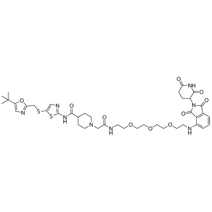 N-(5-(((5-(tert-Butyl)oxazol-2-yl)methyl)thio)thiazol-2-yl)-1-(14-((2-(2,6-dioxopiperidin-3-yl)-1,3-dioxoisoindolin-4-yl)amino)-2-oxo-6,9,12-trioxa-3-azatetradecyl)piperidine-4-carboxamide structure diagram