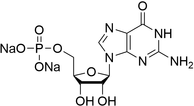 Sodium ((2R,3S,4R,5R)-5-(2-amino-6-oxo-1H-purin-9(6H)-yl)-3,4-dihydroxytetrahydrofuran-2-yl)methyl phosphate structure diagram