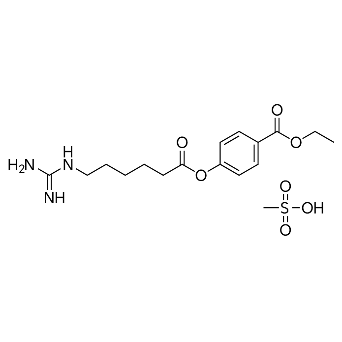 Ethyl 4-((6-guanidinohexanoyl)oxy)benzoate methanesulfonate structure diagram