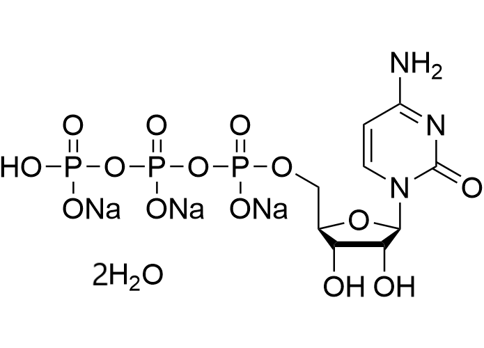 Sodium ((2R,3S,4R,5R)-5-(4-amino-2-oxopyrimidin-1(2H)-yl)-3,4-dihydroxytetrahydrofuran-2-yl)methyl dihydrogentriphosphate dihydrate structure diagram