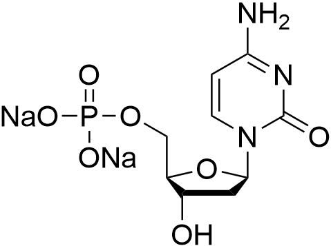 Sodium ((2R,3S,5R)-5-(4-amino-2-oxopyrimidin-1(2H)-yl)-3-hydroxytetrahydrofuran-2-yl)methyl phosphate structure diagram