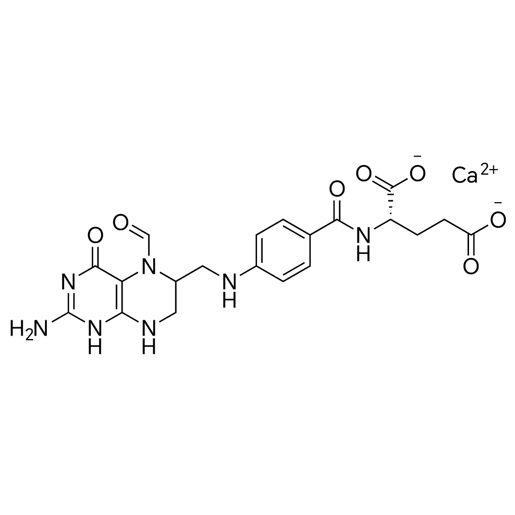 Calcium (4-(((2-amino-5-formyl-4-oxo-1,4,5,6,7,8-hexahydropteridin-6-yl)methyl)amino)benzoyl)-L-glutamate structure diagram