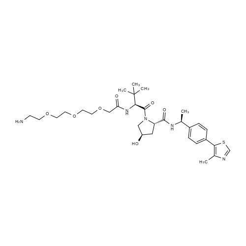 (2S,4R)-1-((S)-14-amino-2-(tert-butyl)-4-oxo-6,9,12-trioxa-3-azatetradecanoyl)-4-hydroxy-N-((S)-1-(4-(4-methylthiazol-5-yl)phenyl)ethyl)pyrrolidine-2-carboxamide structure diagram