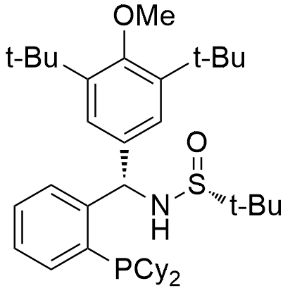 (R)-N-((S)-(3,5-Di-tert-butyl-4-methoxyphenyl)(2-(dicyclohexylphosphanyl)phenyl)methyl)-2-methylpropane-2-sulfinamide structure diagram
