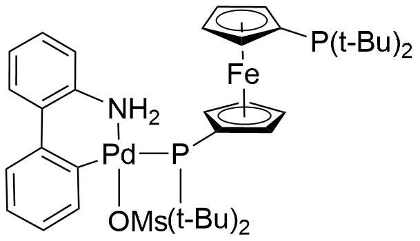 Methanesulfonato 1,1'-Bis(di-tert-butylphosphino) ferrocene (2'-amino-1,1'-biphenyl-2-yl) palladium(II) structure diagram