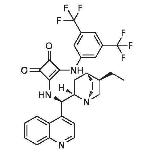 3-((3,5-Bis(trifluoromethyl)phenyl)amino)-4-(((1R)-(5-ethylquinuclidin-2-yl)(quinolin-4-yl)methyl)amino)cyclobut-3-ene-1,2-dione structure diagram