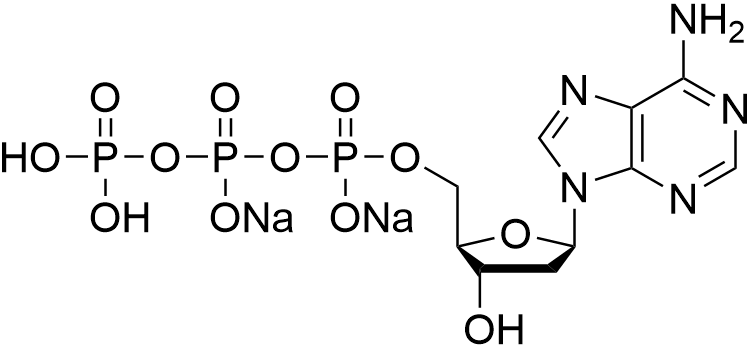 Sodium ((2R,3S,5R)-5-(6-amino-9H-purin-9-yl)-3-hydroxytetrahydrofuran-2-yl)methyl dihydrogentriphosphate structure diagram