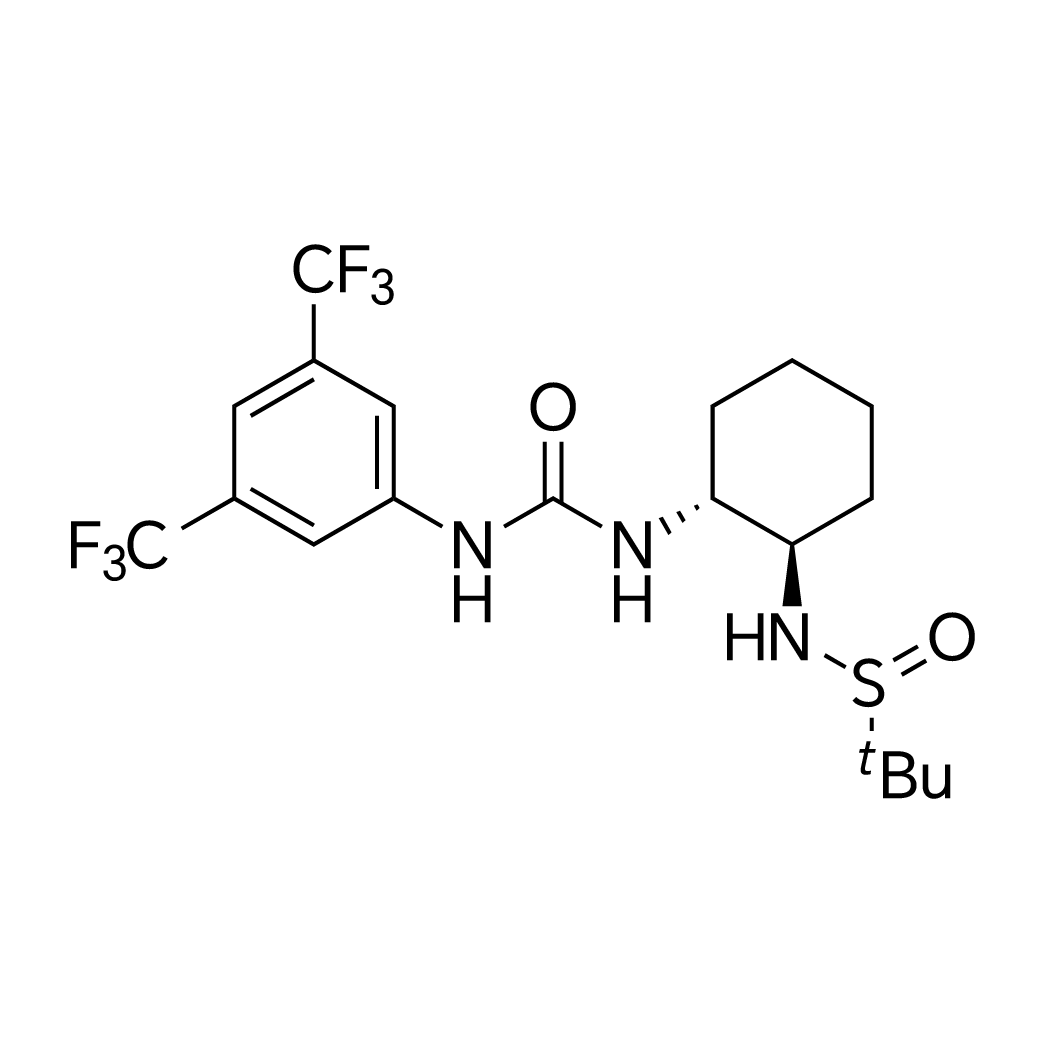 (R)-N-((1R,2R)-2-(3-(3,5-Bis(trifluoromethyl)phenyl)ureido)cyclohexyl)-2-methylpropane-2-sulfinamide structure diagram