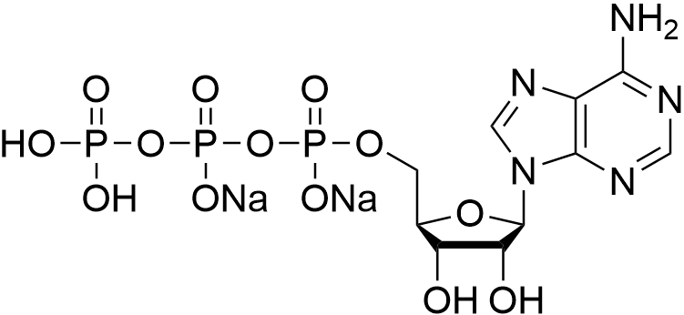 ((2R,3S,4R,5R)-5-(6-Amino-9H-purin-9-yl)-3,4-dihydroxytetrahydrofuran-2-yl)methyl tetrahydrogen triphosphate, disodium salt structure diagram