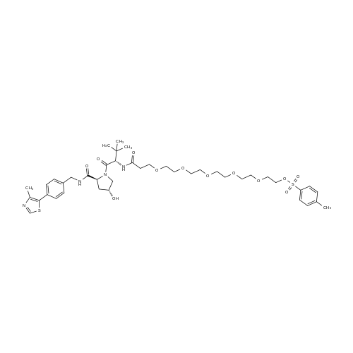 (S)-20-((2S,4R)-4-Hydroxy-2-((4-(4-methylthiazol-5-yl)benzyl)carbamoyl)pyrrolidine-1-carbonyl)-21,21-dimethyl-18-oxo-3,6,9,12,15-pentaoxa-19-azadocosyl 4-methylbenzenesulfonate structure diagram