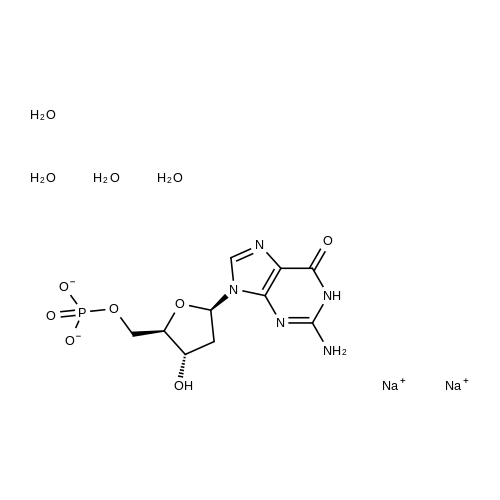 Sodium ((2R,3S,5R)-5-(2-amino-6-oxo-1H-purin-9(6H)-yl)-3-hydroxytetrahydrofuran-2-yl)methyl phosphate tetrahydrate structure diagram