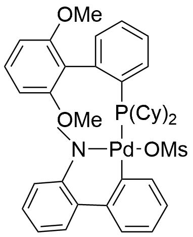 Methanesulfonato(2-dicyclohexylphosphino-2',6'-dimethoxy-1,1'-biphenyl)(2'-methylamino-1,1'-biphenyl-2-yl)palladium(II) structure diagram
