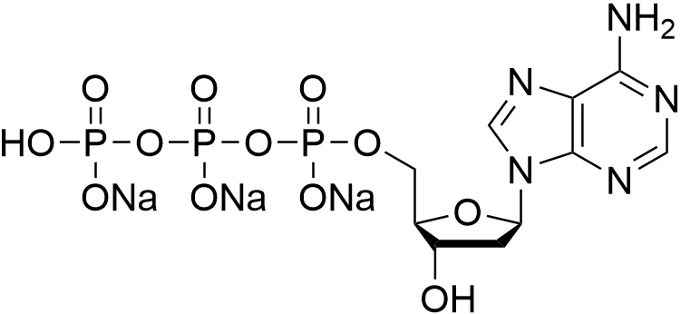 ((2R,3S,5R)-5-(6-Amino-9H-purin-9-yl)-3-hydroxytetrahydrofuran-2-yl)methyl tetrahydrogen triphosphate, trisodium salt structure diagram