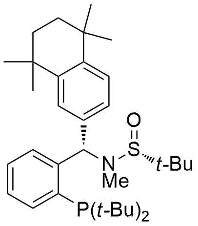 (R)-N-((S)-(2-(Di-tert-butylphosphanyl)phenyl)(5,5,8,8-tetramethyl-5,6,7,8-tetrahydronaphthalen-2-yl)methyl)-N,2-dimethylpropane-2-sulfinamide structure diagram
