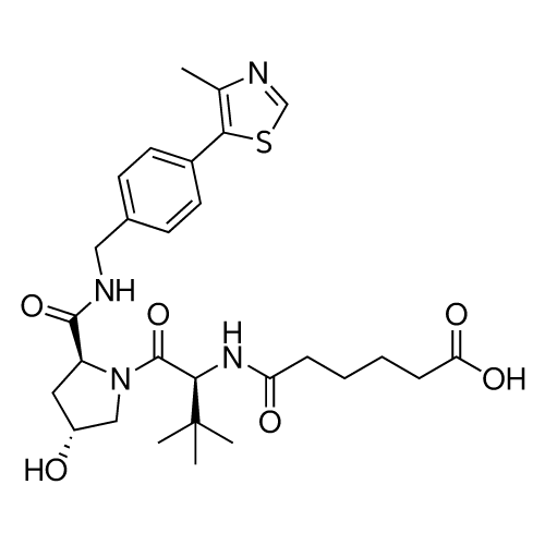 6-(((S)-1-((2S,4R)-4-Hydroxy-2-((4-(4-methylthiazol-5-yl)benzyl)carbamoyl)pyrrolidin-1-yl)-3,3-dimethyl-1-oxobutan-2-yl)amino)-6-oxohexanoic acid structure diagram