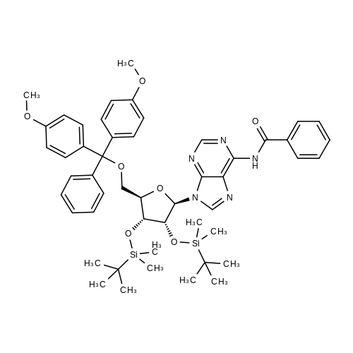 N-(9-((2R,3R,4R,5R)-5-((bis(4-methoxyphenyl)(phenyl)methoxy)methyl)-3,4-bis((tert-butyldimethylsilyl)oxy)tetrahydrofuran-2-yl)-9h-purin-6-yl)benzamide structure diagram