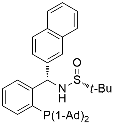 (R)-N-((S)-(2-(Di(adamantan-1-yl)phosphanyl)phenyl)(naphthalen-2-yl)methyl)-2-methylpropane-2-sulfinamide structure diagram