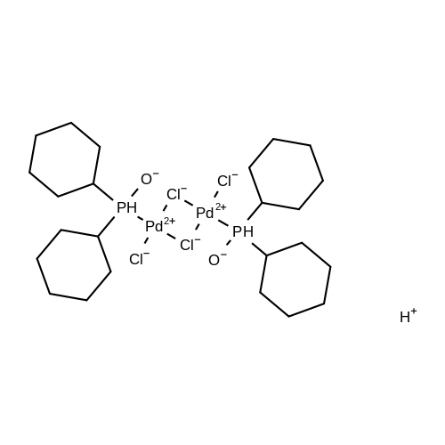 Palladate(2-), di-μ-chlorodichlorobis(dicyclohexylphosphinito-κP)di-, dihydrogen structure diagram