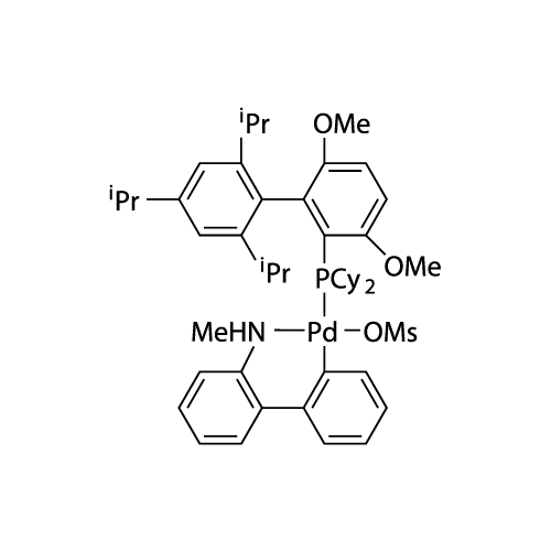 Methanesulfonato(2-dicyclohexylphosphino-3,6-dimethoxy-2',4',6'-tri-i-propyl-1,1'-biphenyl)(2'-methylamino-1,1'-biphenyl-2-yl)palladium(II) structure diagram