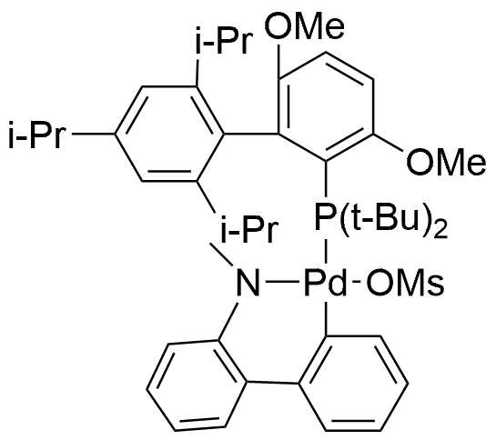 Methanesulfonato(Di-tert-butyl(2',4',6'-triisopropyl-3,6-dimethoxybiphenyl-2-yl)phosphine)(2'-methylamino-1,1'-biphenyl-2-yl)palladium(II) structure diagram