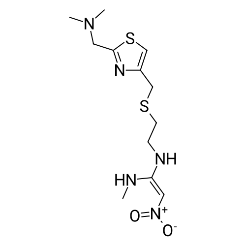N-(2-(((2-((Dimethylamino)methyl)thiazol-4-yl)methyl)thio)ethyl)-N-methyl-2-nitroethene-1,1-diamine structure diagram