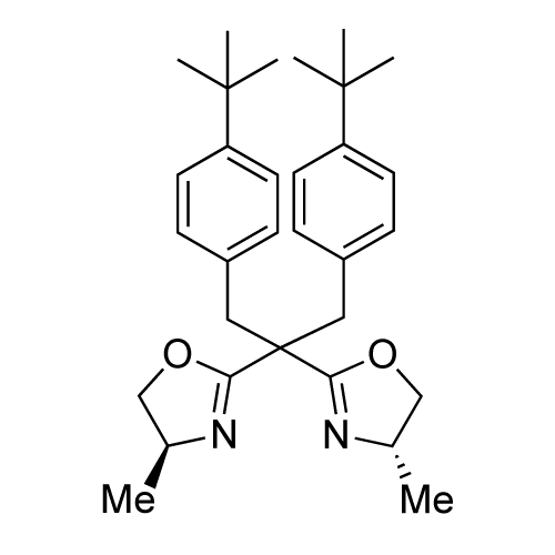 (4S,4'S)-2,2'-(1,3-bis(4-(tert-butyl)phenyl)propane-2,2-diyl)bis(4-methyl-4,5-dihydrooxazole) structure diagram