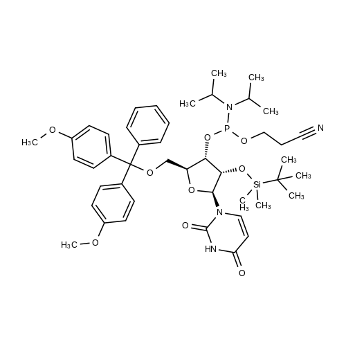 (2S,3S,4S,5S)-2-((Bis(4-methoxyphenyl)(phenyl)methoxy)methyl)-4-((tert-butyldimethylsilyl)oxy)-5-(2,4-dioxo-3,4-dihydropyrimidin-1(2H)-yl)tetrahydrofuran-3-yl (2-cyanoethyl) diisopropylphosphoramidite structure diagram