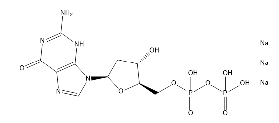 Sodium ((2R,3S,5R)-5-(2-amino-6-oxo-1,6-dihydro-9H-purin-9-yl)-3-hydroxytetrahydrofuran-2-yl)methyl diphosphate structure diagram