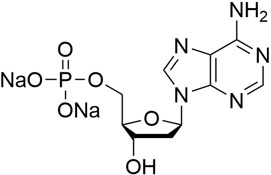 Sodium ((2R,3S,5R)-5-(6-amino-9H-purin-9-yl)-3-hydroxytetrahydrofuran-2-yl)methyl phosphate structure diagram