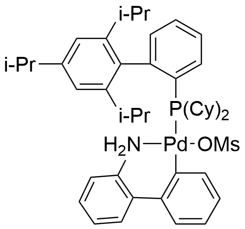 Methanesulfonato(2-dicyclohexylphosphino-2',4',6'-tri-i-propyl-1,1'-biphenyl)(2'-amino-1,1'-biphenyl-2-yl)palladium(II) structure diagram