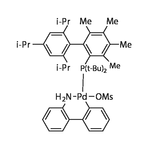 Methanesulfonato(2-di-t-butylphosphino-3,4,5,6-tetramethyl-2',4',6'-tri-i-propylbiphenyl)(2'-amino-1,1'-biphenyl-2-yl)palladium(II) structure diagram