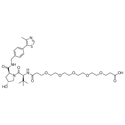 (S)-21-((2S,4R)-4-Hydroxy-2-((4-(4-methylthiazol-5-yl)benzyl)carbamoyl)pyrrolidine-1-carbonyl)-22,22-dimethyl-19-oxo-4,7,10,13,16-pentaoxa-20-azatricosan-1-oic acid structure diagram