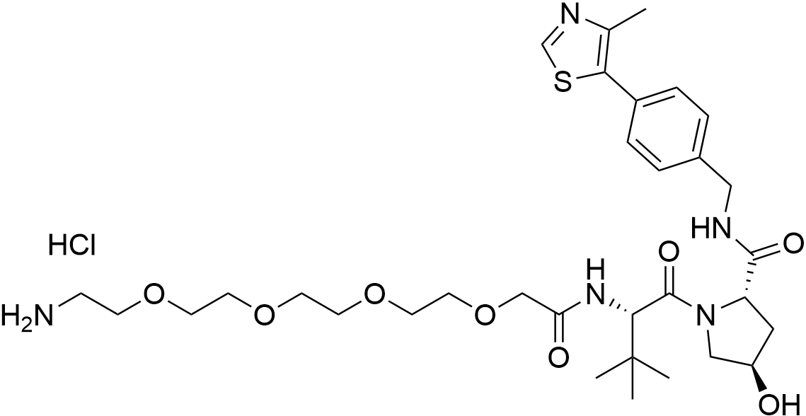 (2S,4R)-1-((S)-17-Amino-2-(tert-butyl)-4-oxo-6,9,12,15-tetraoxa-3-azaheptadecanoyl)-4-hydroxy-N-(4-(4-methylthiazol-5-yl)benzyl)pyrrolidine-2-carboxamide hydrochloride structure diagram
